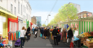 Der Whitechapelmarket wird durch verschiedene Maßnahmen gestärkt, um ihn mit Supermärkten und Einkaufszentren konkurrenzfähig zu machen. Rendering/Quelle: East/Design for London/Tower Hamlets